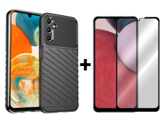 SKLO + PUZDRO 2v1 pre Samsung Galaxy A14 4G / A14 5G - Tvrdené THUNDER čierne