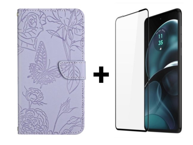 9D SKLO + PUZDRO 2v1 pre Motorola Moto G14 - Knižkové Butterfly fialové