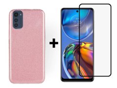 9D SKLO + PUZDRO 2v1 pre Motorola Moto E32 / E32s - Silikónové GLITTER ružové