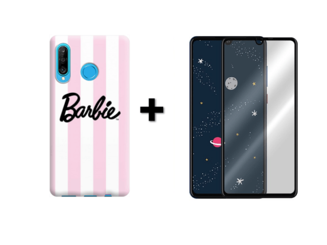9D SKLO + PÚZDRO 2v1 pre HUAWEI P30 Lite Barbie ružovo biele