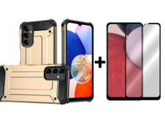 SKLO + KRYT 2v1 pre Samsung Galaxy A14 4G / A14 5G - Tvrdený Zadný kryt HYBRID zlatý