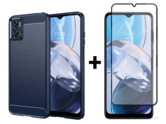 SKLO + PUZDRO 2v1 pre Motorola Moto E22 / E22i - Tvrdené CARBON modré