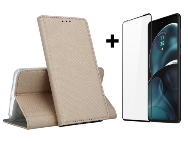 9D SKLO + PUZDRO 2v1 pre Motorola Moto G14 - Knižkové SMART MAGNET zlaté
