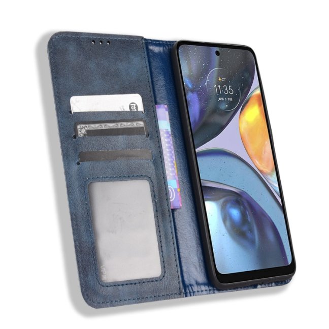 9D SKLO + PÚZDRO 2v1 pre Motorola Moto G22 - Knižkové Retro modré