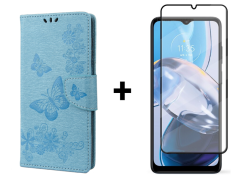 SKLO + PUZDRO 2v1 pre Motorola Moto E22 / E22i - Knižkové BUTTERFLY modré