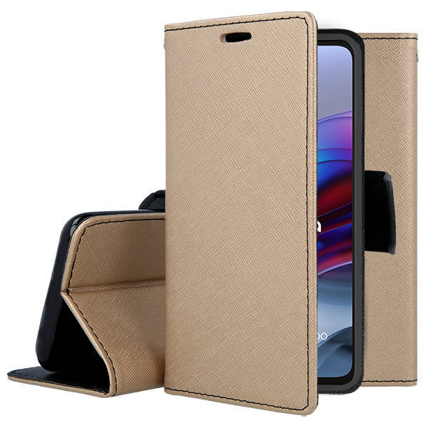 9D SKLO + PUZDRO 2v1 pre Motorola Moto E32 / E32s - Knižkové FANCY zlato čierne