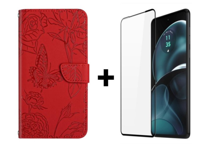 9D SKLO + PUZDRO 2v1 pre Motorola Moto G14 - Knižkové Butterfly červené